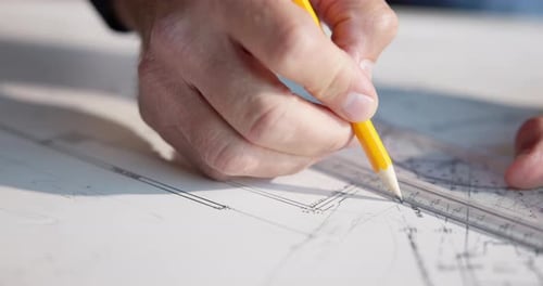 Hands, drawing and architect with blueprint in office for building, renovation or city planning