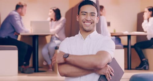 Office, business and face of happy man with crossed arms for working, career and professional job