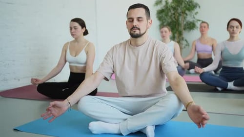 Yoga Mindfulness Meditation Group of Sporty People Doing Exercise in Studio for Class for Yoga