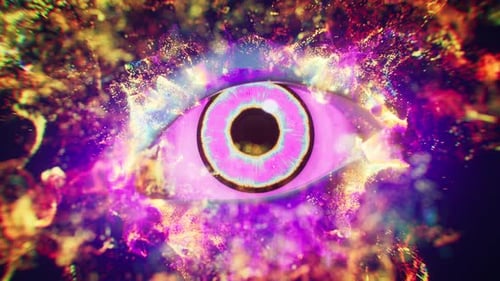 An eye in the dark with vfx particles