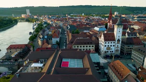 4K Aerial Drone Video of the Main River Bridge, City Hall Clock Tower, and St Mary's Chapel in Downt