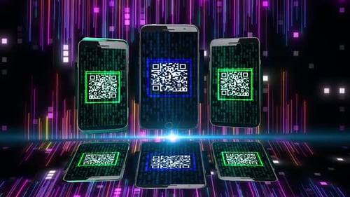 : Qr Code Scanner Background Animation. Qr Code Scanner With Mobile App. Mobile Phone