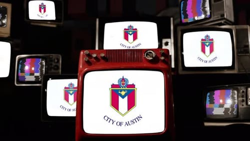 Flag of Austin, Texas, on Retro TVs. 4K.
