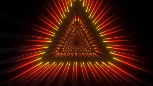 Abstract dynamic triangle tunnel with glowing neon lights