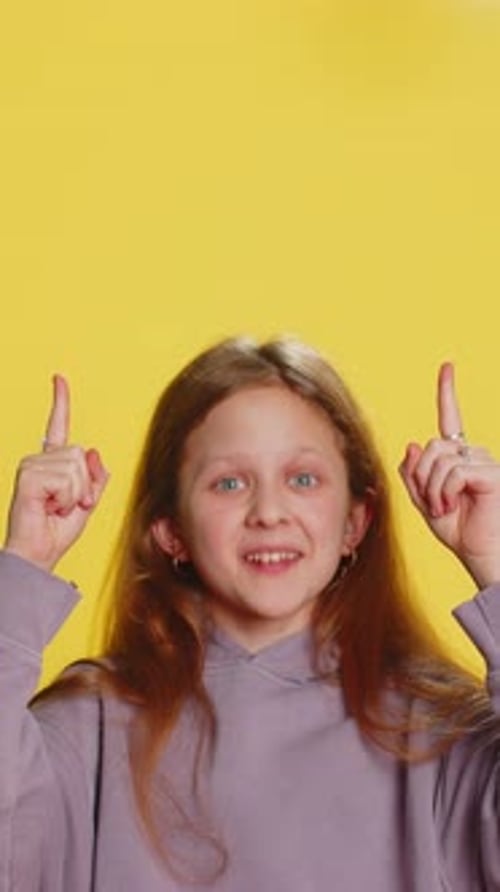 Girl Child Pointing Empty Place Advertising Area for Commercial Text Copy Space for Goods Promotion