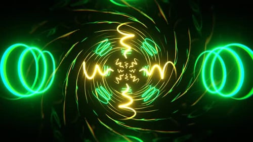 Turquoise And Yellow Neon Spirals Reverse Tunnel Background Vj Loop In 4K