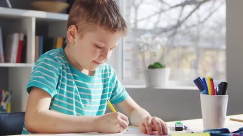 Boy is Doing His Homework at the Table Cute Child is Learning at Home with the Help of Textbooks and