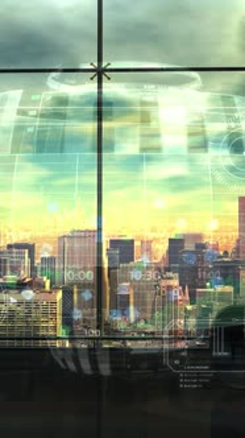 Futuristic City View with Digital Financial Data Overlay