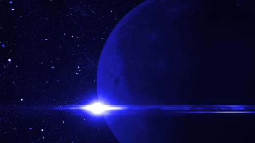 Shimmering Blue Planet Reveal with Bright Lens Flare