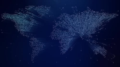 Illuminated digital world map over dark blue background with random numbers 4K