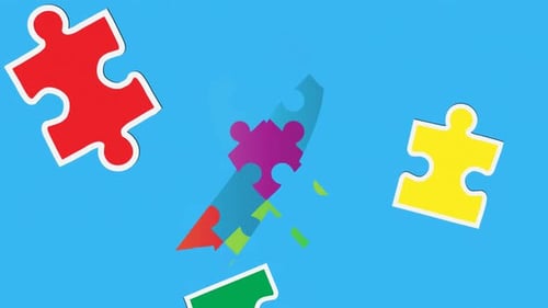 Animation de puzzles tombant sur un ruban formé de puzzles sur fond bleu