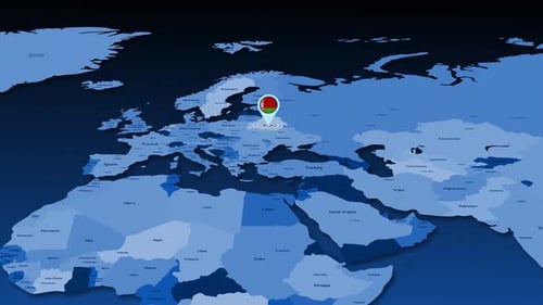 World Map Zooming to Belarus Location Pin Animation