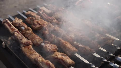 Saftig gegrillte Fleischspieße, Barbecue- oder Sommerpicknick-Konzept