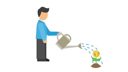 Animated Man Watering Growing Money Plant for Financial Success