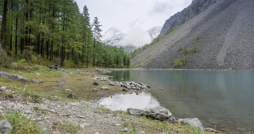 Mountain Lake Timelapse at the Summer or Autumn Time Wild Nature and Rural Mount Valley Green Forest