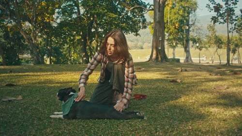 Woman Pets Dog in the Park on Sunny Day