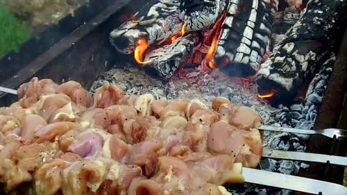 Raw Meat Skewers on Grill with Burning Coals