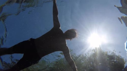 Person Swimming Underwater in Sparkling Blue Water