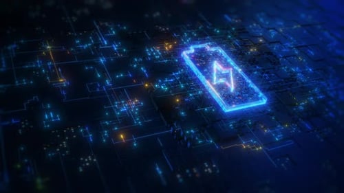 Futuristic Digital Circuit Board with Charging Battery Animation