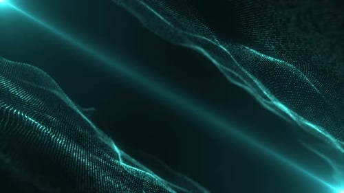 Une onde lumineuse abstraite provenant de particules et de points se déplace sur un fond bleu, visualisation de données volumineuses