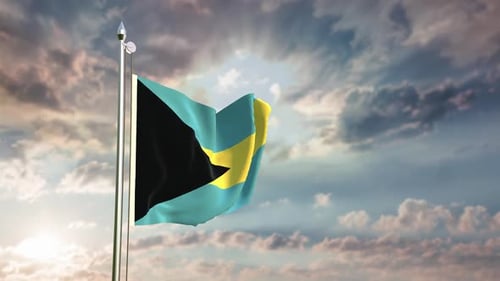 Animated Bahamas Flag Waving Loop in Cloudy Sky