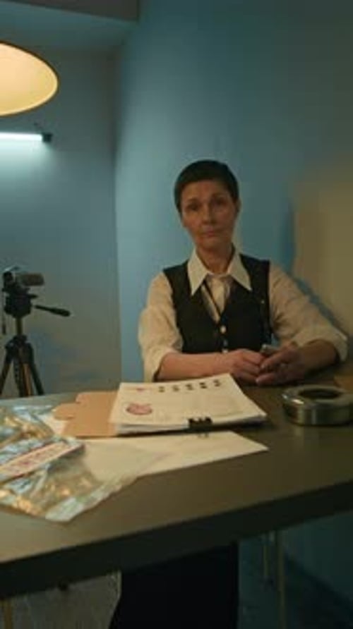 Woman Sits at Desk with Crime Evidence