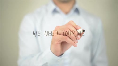 Corporate Man Writing: We Need Your Help