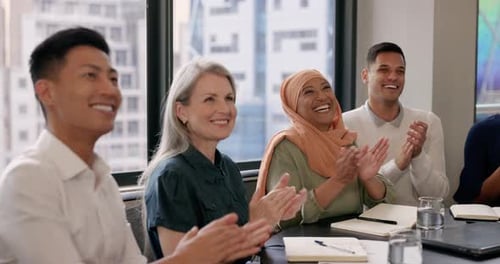 Audience, presentation and business people applause in meeting for success in project