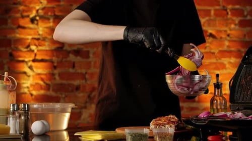 Preparing ingredients for delicious gourmet sandwich in kitchen