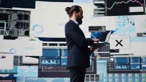 Economy Expert Reviewing Financial Data and KPI Dashboards