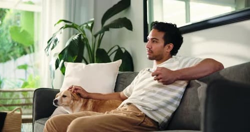 Man Petting Dog on Couch Relaxing at Home