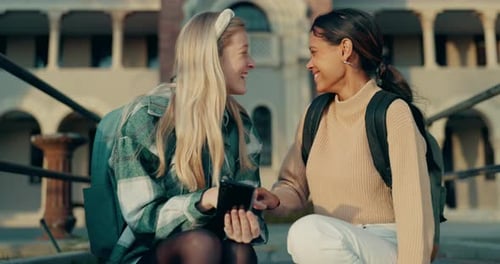 Funny, friends and reading phone on college, campus or students outdoor with social media