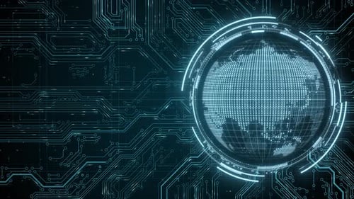 World Map and Earth Sphere on CPU Integrated Circuit Board 3D Render Abstract Background Blockchain