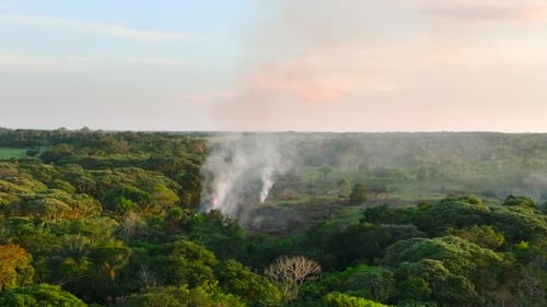 Approaching drone shot of a wildfire in the Amazon rainforest in Colombia