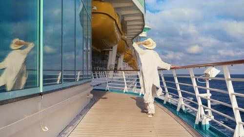 Woman in Linen Outfit on Cruise Ship Deck