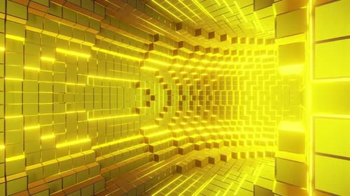 Golden abstract background inside rotating pixel torus tunnel 3d render. Seamless looped. NFT