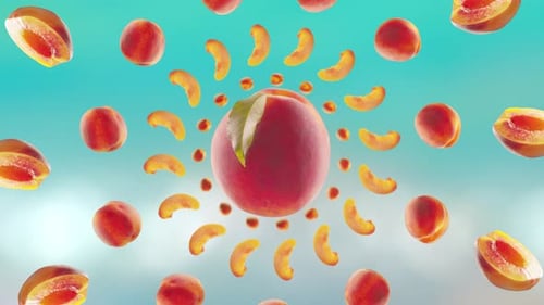 Flying Peach and Peaches Slices in Beach Tropical Summer Background