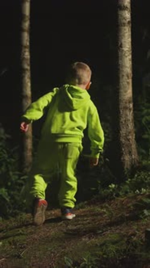 Petit garçon en survêtement vert vif joue dans la forêt du soir