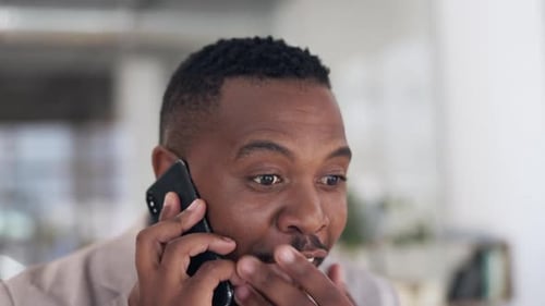 Phone call, business black man and talking, gossip or conversation for funny discussion
