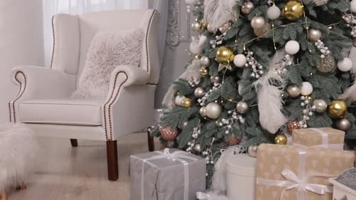 Christmas Tree with Presents in Elegant Home Setting