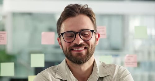 Office, planning and face of business man for brainstorming, project management and ideas