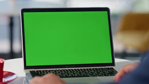 Man Hands Typing Greenscreen Laptop Sitting Cafeteria Closeup Manager Working