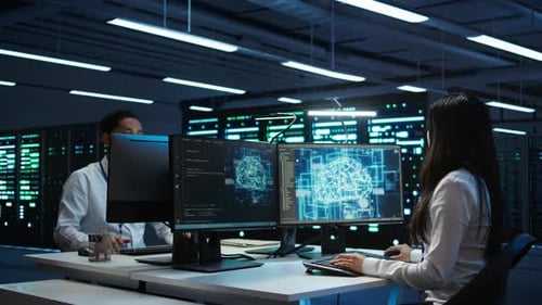 Technicians Coworkers Using AI Tech on Computer to Do Data Center Checkup