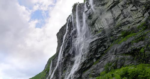 Geiranger fjord, waterfall Seven Sisters. Beautiful Nature Norway natural landscape.