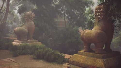 Ancient Stone Lion Statues Guard an Overgrown Temple in the Vietnamese Jungle