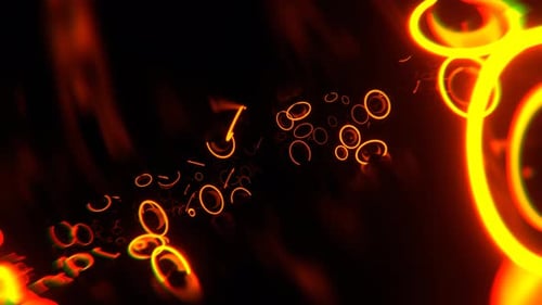 Dark Space With Levitating Metal Spheres And Orange Neon Rings Background VJ Loop In 4K
