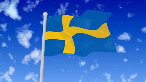 Waving Flag of Sweden Against Blue Sky with Clouds