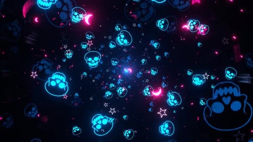 Boucle VJ avec fond de crâne effrayant pour Halloween, cyan et rose, en 4K