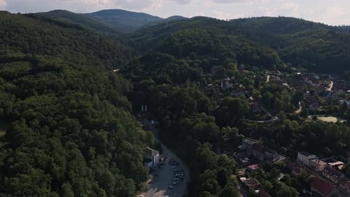 Aerial Drone View Over Mountain Village Landscape