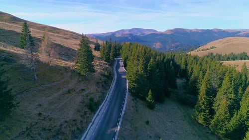 Car driving on the mountain road with forest. Car Moving on Curvy Mountain Road